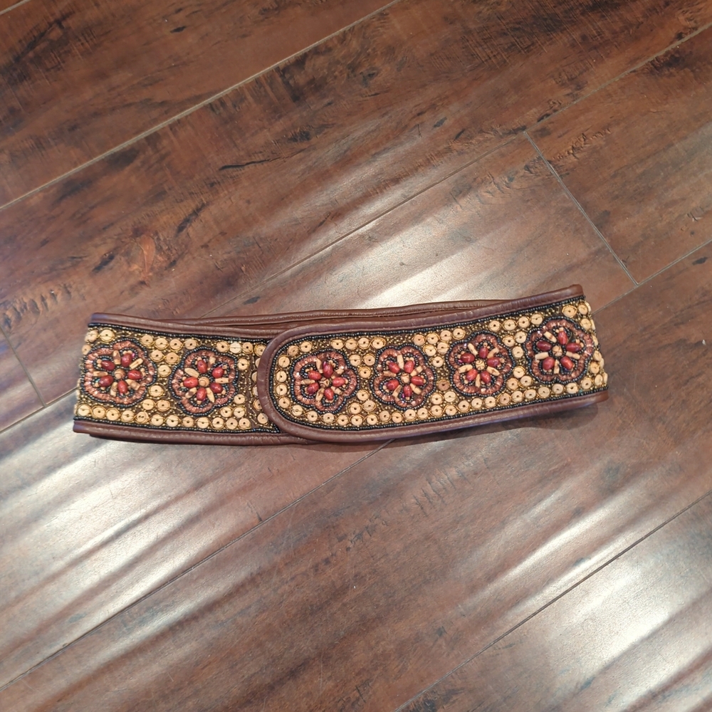 Embellished Brown Belt with Gold and Red Accents